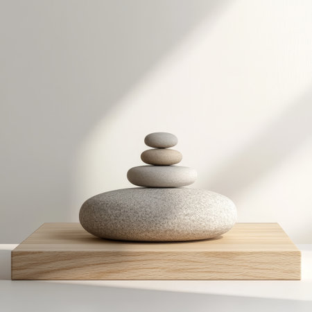 3d rendering of a stack of stones on a wooden stand.の素材