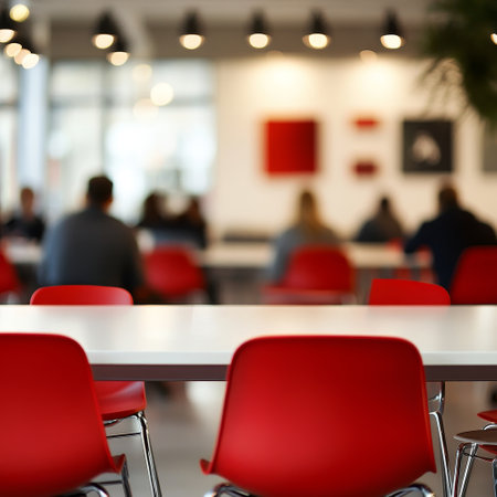 Empty white table and red chairs in modern cafe or restaurant, blurred backgroundの素材