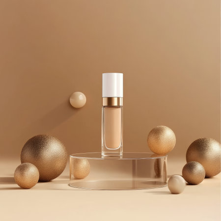 3d render of beige cosmetic product with golden balls. Beauty and fashion concept.の素材