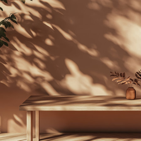 Wooden table in living room interior with plant shadows. 3d renderの素材