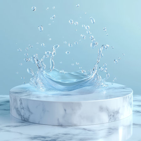 Blue water splash on white marble pedestal. 3D rendering.の素材