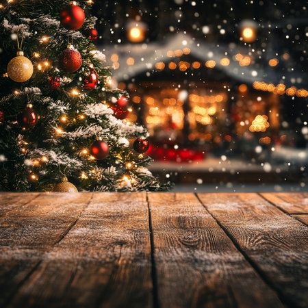 Wooden table with Christmas decorations and bokeh lights on backgroundの素材