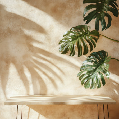 Tropical background with monstera leaves on shelf and copy space.の素材