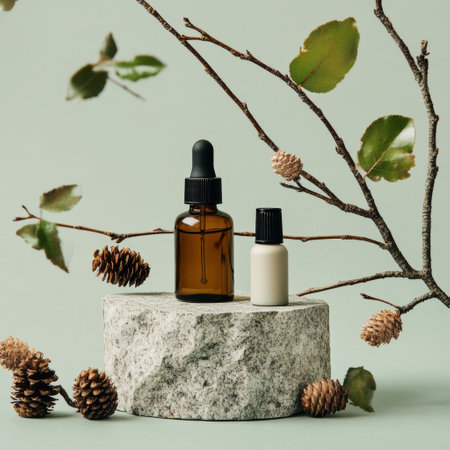 Mock up bottles of essential oil or serum on natural stone podium with green leaves and branches on grey backgroundの素材