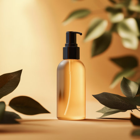 Cosmetic bottle on golden background with green leaves. Skin care conceptの素材