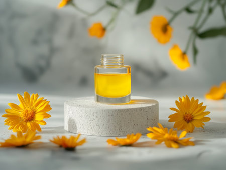 Bottle of calendula essential oille podium, closeupの素材