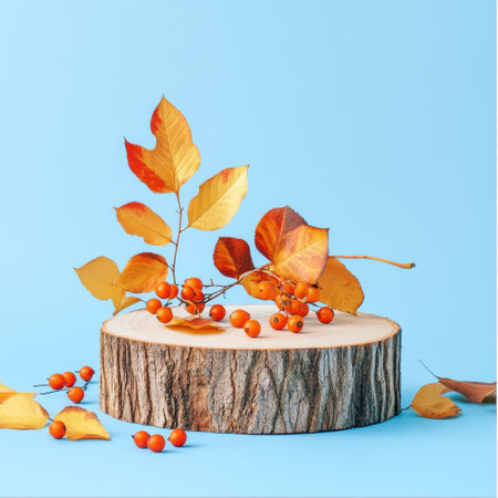 Beautiful autumn composition with rowan and leaves on a blue backgroundの素材