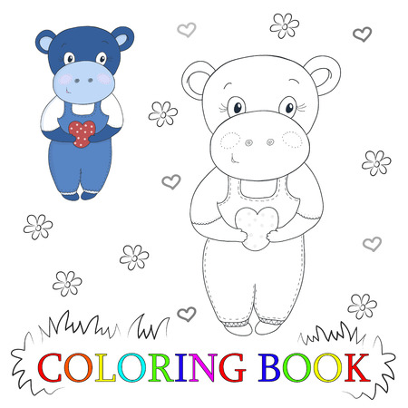 Cute hippo cartoon with heart illustration. Color and contour, coloring book.のイラスト素材