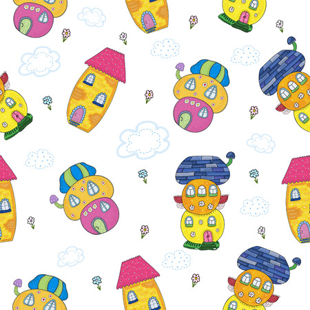 Sample comic pattern background. Fairytale colorful cute house in cartoon styleのイラスト素材