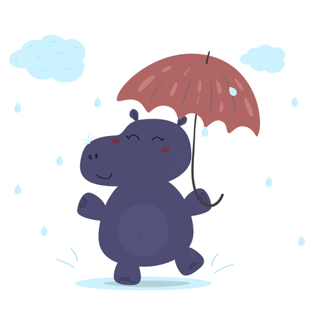 cheerful hippo in the rain with an umbrella. Printable templates.のイラスト素材