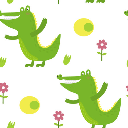 Cute little crocodile in cartoon style. Vector pattern.のイラスト素材
