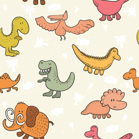 Cute seamless pattern with funny dinosaurs. vector illustration.のイラスト素材