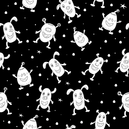 Cute hand drawn monsters cartoon style. vector pattern.のイラスト素材