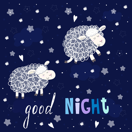 Good night card. Cute hand drawn sheeps in cartoon style. vector print.のイラスト素材