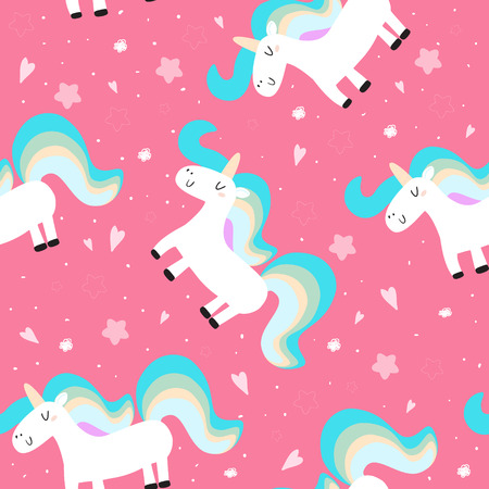 cute unicorn on a pink backgroun. vector pattern.のイラスト素材
