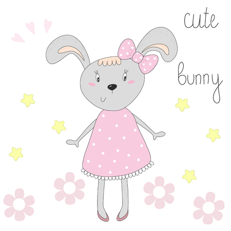 cute bunny in a pink dress vector illustration.のイラスト素材
