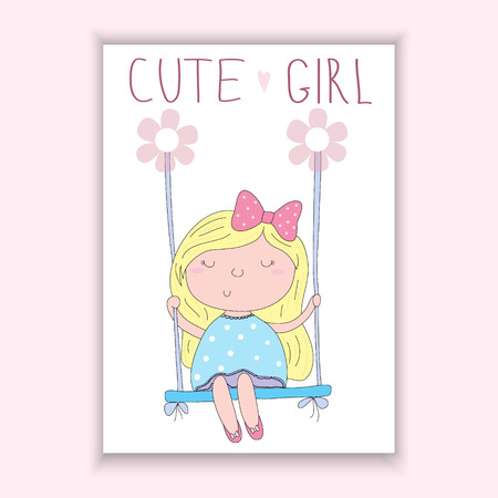 Cute hand drawn vector card with little girl sitting on a swing. Printable template.のイラスト素材