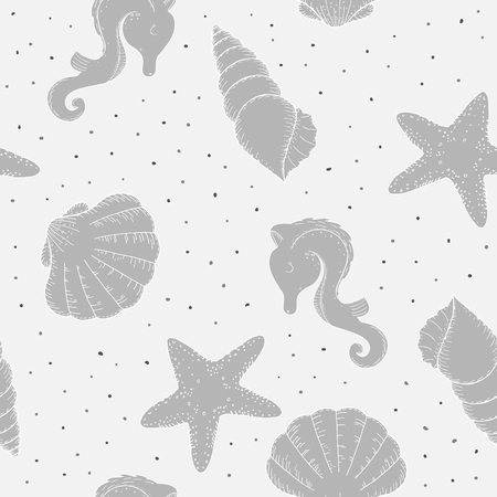 Hand drawn vector illustrations - seamless pattern of seashells. Marine background.のイラスト素材