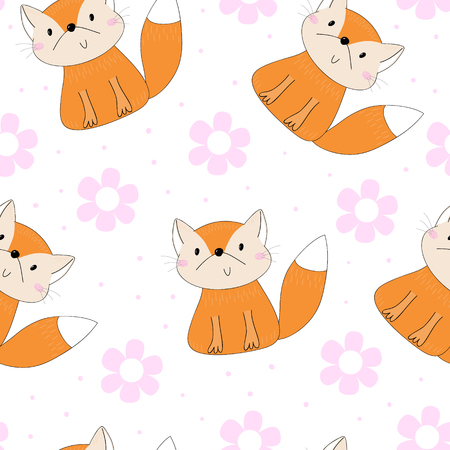 Lovely seamless pattern with cute foxes. Awesome background in bright colors in vectorのイラスト素材