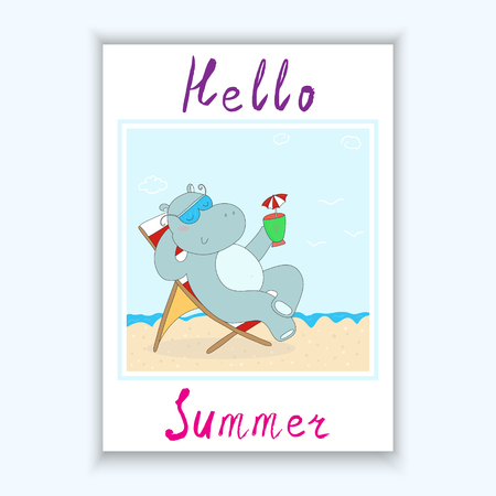 Hand Drawn cute cartoon hippo in the Seashore, vector illustration. Printable template.のイラスト素材