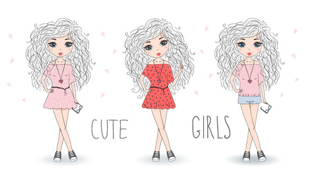 Hand drawn cute fashion cartoon girls. Vector illustration.のイラスト素材