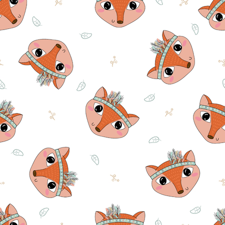 Hand drawn vector Cute seamless pattern with Fox.のイラスト素材