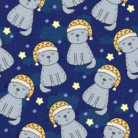 Hand drawn seamless pattern with cute cat, doodle illustration for kids, vector printのイラスト素材