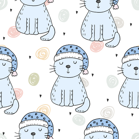 Hand drawn seamless pattern with cute cat, doodle illustration for kids, vector printのイラスト素材