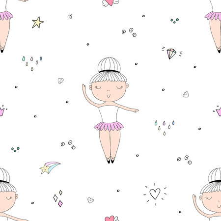 Cute hand drawn with cute little girl vector seamless pattern illustration.のイラスト素材