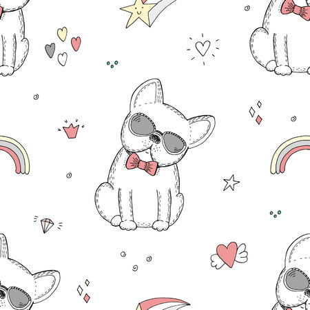 seamless pattern with Black and white vector sketch of a dog. Vector Illustration.のイラスト素材