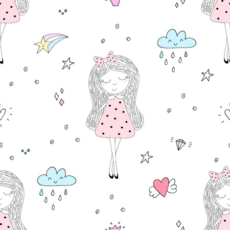 Cute hand drawn with cute little girl vector seamless pattern illustration.のイラスト素材