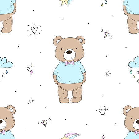 Cute seamless pattern with funny teddy bear. vector illustration.のイラスト素材