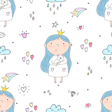 cartoon positive seamless pattern with cute girls.のイラスト素材