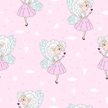 cartoon positive seamless pattern with cute Fairyのイラスト素材