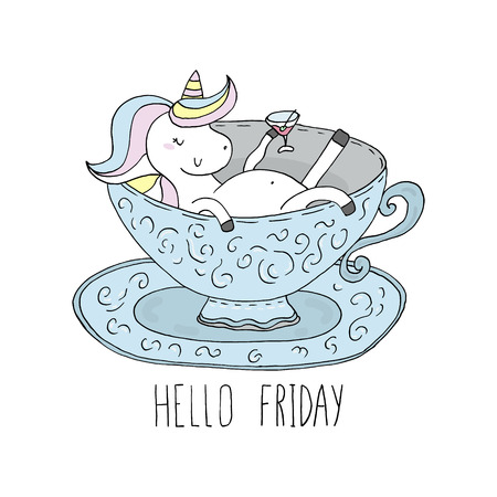 Hello Friday card. Cute Unicorn takes a bath in a porcelain cup. Printable templates.のイラスト素材