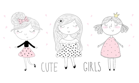 Hand Drawn cute little girls, doodle nursery illustration.のイラスト素材