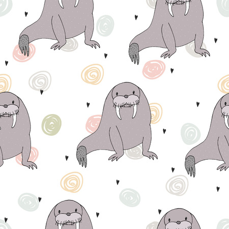 Seamless pattern with cute cartoon walrus. Printable templates.のイラスト素材