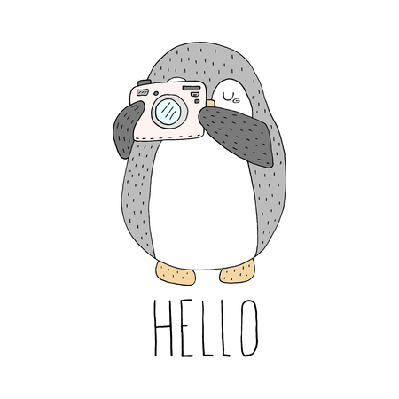 Hand drawn vector illustration with penguins. Printable templates.のイラスト素材