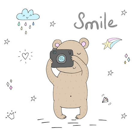Hand drawn bear with cameraのイラスト素材