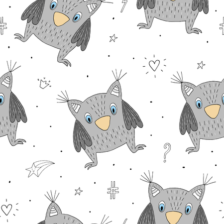 Hand drawn vector Cute seamless pattern with Cute owl.のイラスト素材