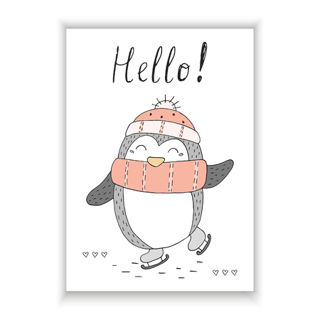 Hand drawn vector illustration with penguins. Printable templates.のイラスト素材