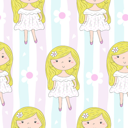 Cute hand drawn with cute little girl vector seamless pattern illustration.のイラスト素材