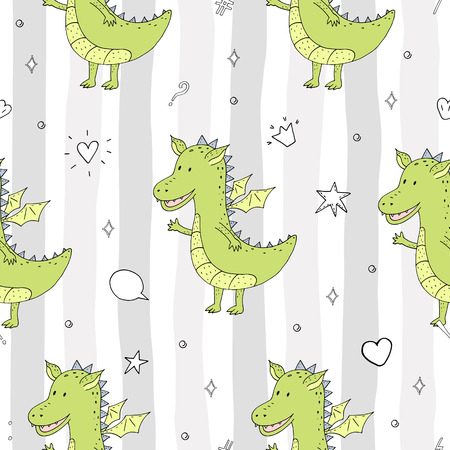 Cute hand drawn illustration of dinosaur in seamless, repeated pattern.のイラスト素材