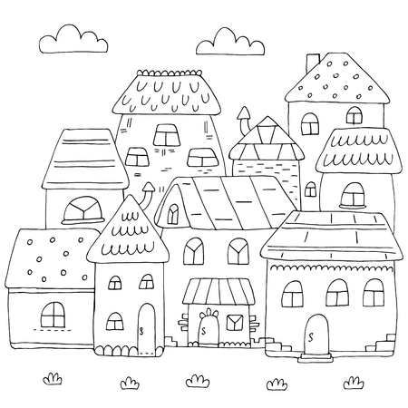 Hand drawn page for coloring book with a lot of houses. A small cute city in doodle stile. Black and white.のイラスト素材