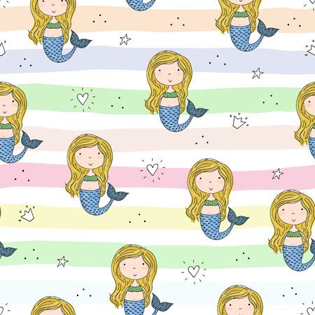 Seamless pattern with Hand drawn vector little mermaid.のイラスト素材