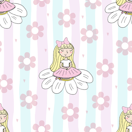 Cute hand drawn with cute little girl vector seamless pattern illustrationのイラスト素材