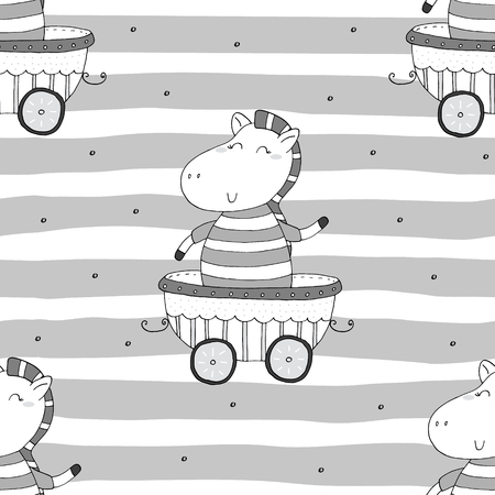 Hand drawn seamless pattern with Cute zebra In the trailer. Pattern print for kidsのイラスト素材