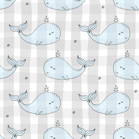 Cute background with cartoon blue whales. Baby shower designのイラスト素材