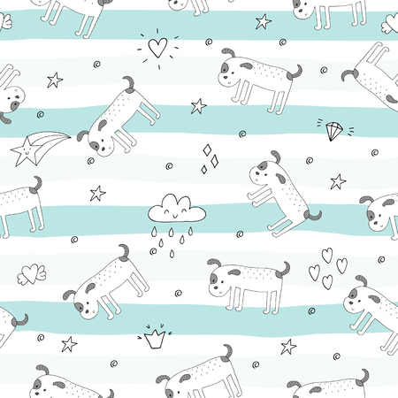 Seamless pattern with Black and white vector sketch of a dog. Vector Illustration.のイラスト素材