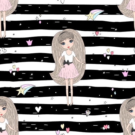 Cute hand drawn with cute little girl vector seamless pattern illustration.のイラスト素材